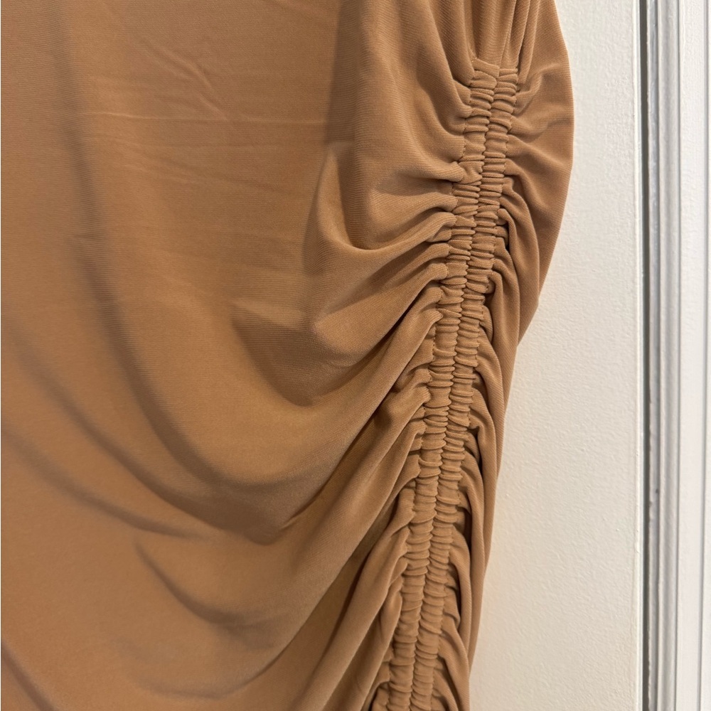 Express Tan Ruched Mini Adjustable Bodycon Dress - Picture 3 of 5